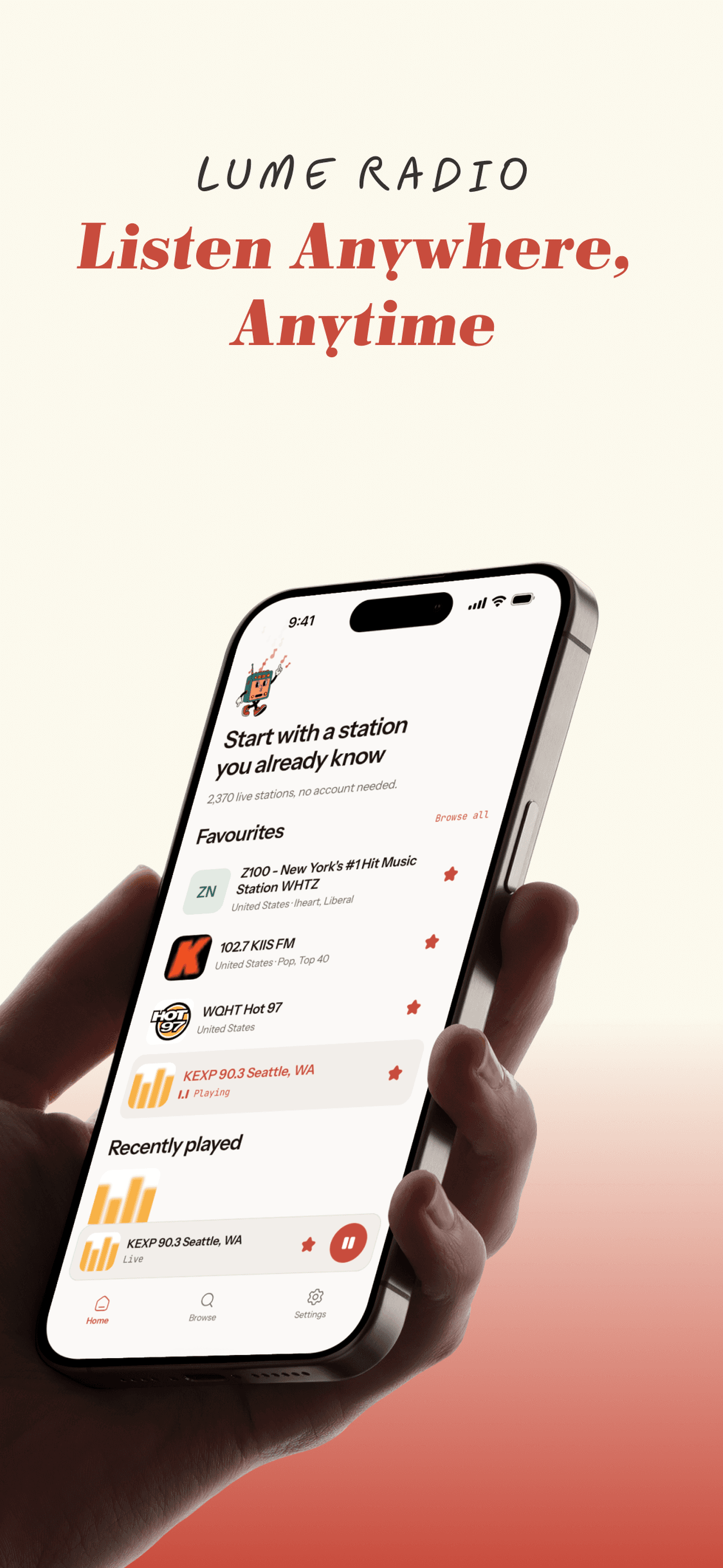 Lume Radio playing a station on a phone